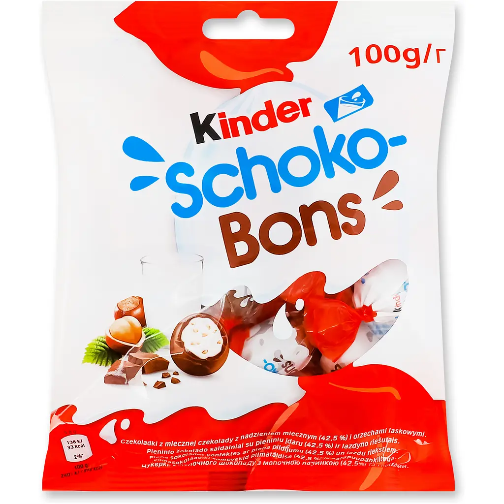 Цукерки з молочного шоколаду з молочною начинкою та горіхами Schoko-Bons Kinder м/у 100 г