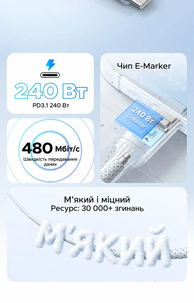 Кабель UGREEN L534 USB-C - USB-C PD 3.1 240 Вт 1 м зоряний блакитний (75731) - фото 3