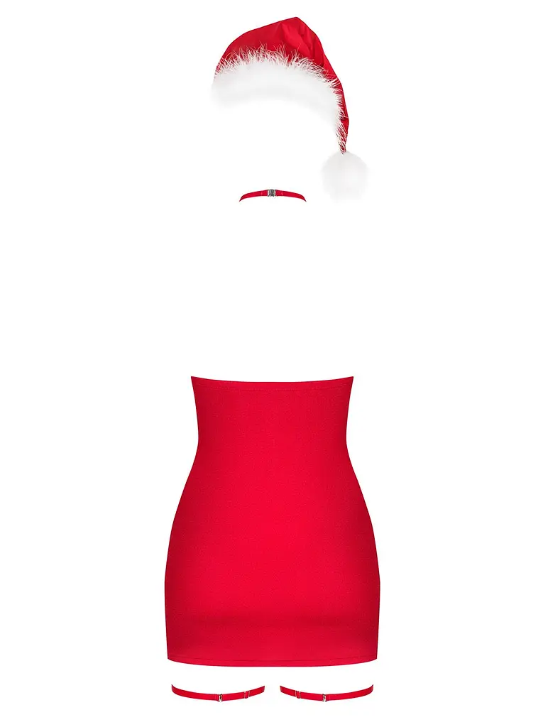 Новорічна сорочка Obsessive Kissmas chemise, S/M, червона, чокер, гартери та шапочка з помпоном - фото 4