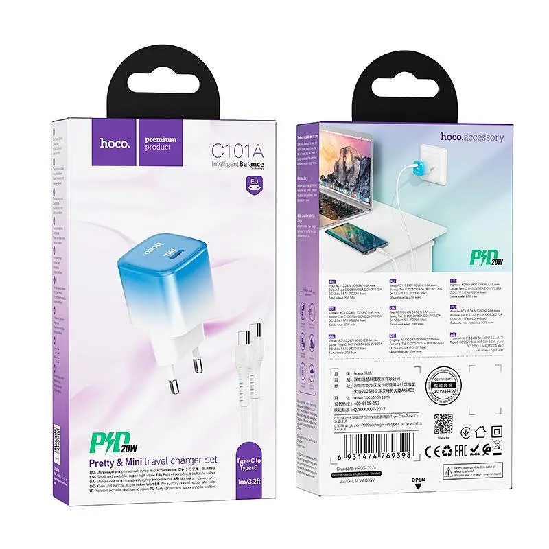 Адаптер мережевий HOCO Type-C to Type-C cable single port charge set C101A |Type-C, PD, 3A/20W| - фото 2