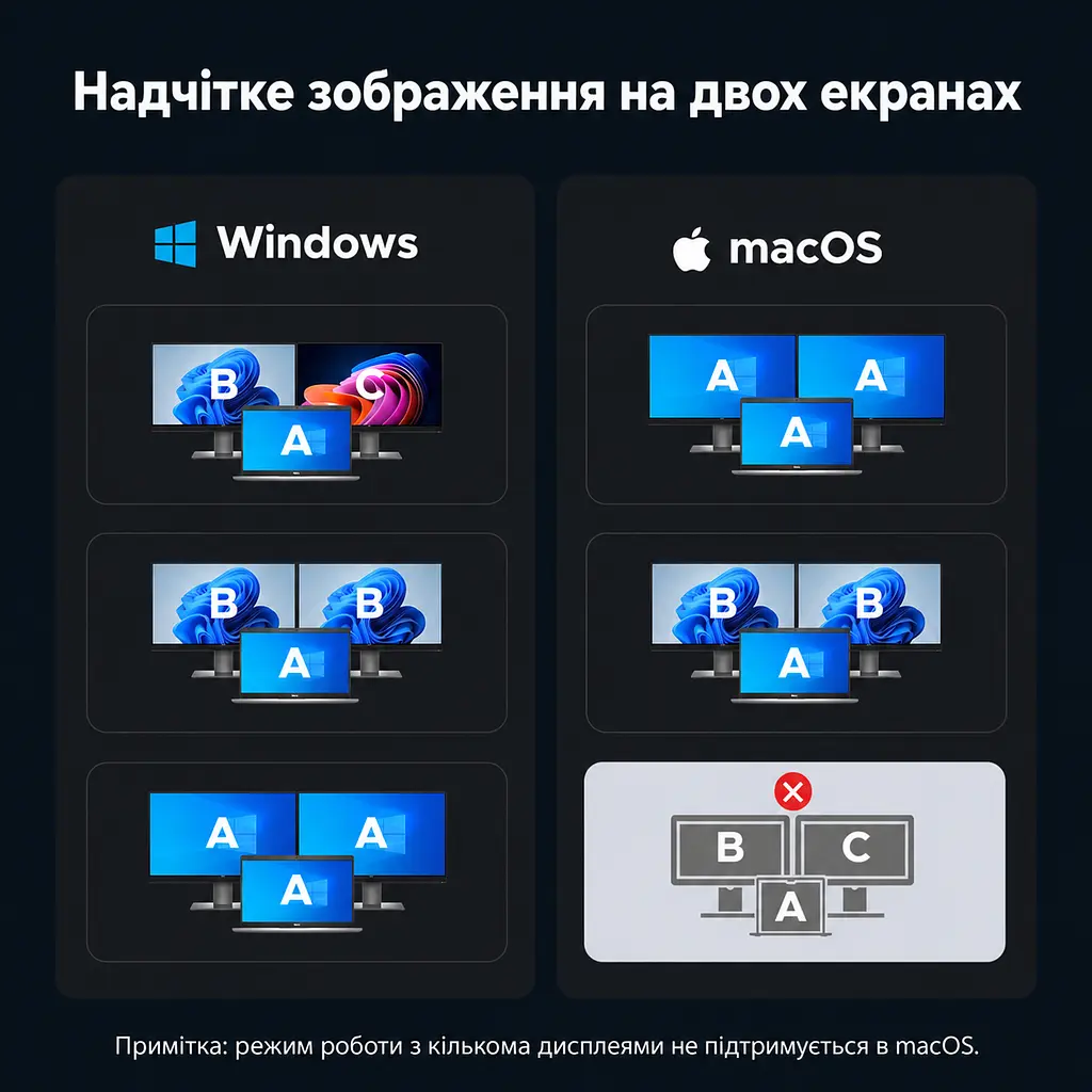 Док-станція USB-C UGREEN Revodok Pro CM498A 9-в-1 2 HDMI до 4K 60 Гц на двох моніторах потрібен USB-C з DisplayPort і достатньою пропускною здатністю Windows різні зображення macOS лише однакові 2 USB-C та 1 USB-A до 5 Гбіт/с і 1 USB-A до 480 Мбіт/с вхід USB-C PD 3.0 до 100 Вт наскрізне заряджання ноутбука до 85 Вт потрібні окремі блок живлення й кабель до входу PD SD/microSD до 170 МБ/с вбудований кабель близько 40 см сіро-чорна (85774) - фото 3