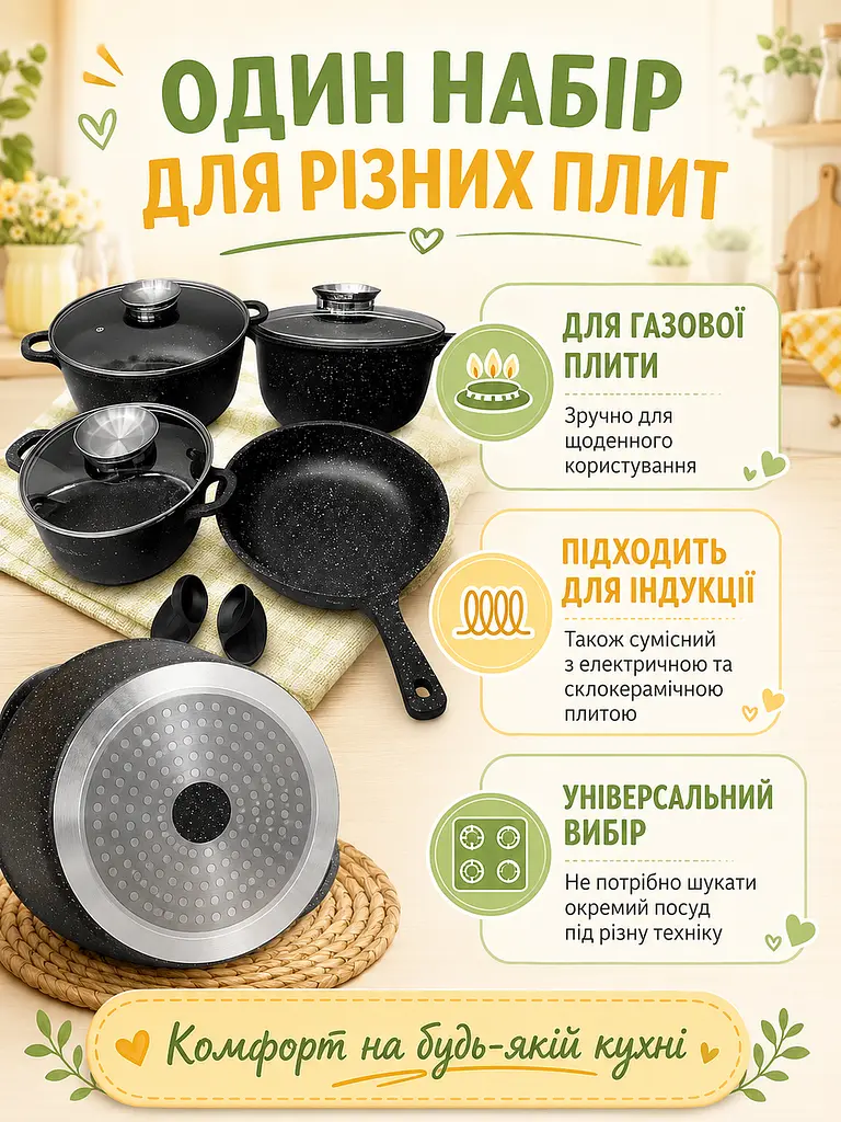 Набір посуду 9 предметів чорний з антипригарним гранітним покриттям для всіх плит (49675916) - фото 5