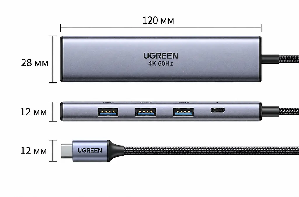 USB-C хаб UGREEN CM478 док-станція вихід HDMI до 4K 60 Гц 1 порт USB-A 3.0 та 2 порти USB-A 2.0 вхід живлення USB-C PD 3.0 до 100 Вт із наскрізним заряджанням для HDMI та заряджання потрібен порт комп’ютера USB-C з відеовиходом і прийманням живлення PD без встановлення драйверів для Windows/macOS/Linux для iPad з USB-C вбудований кабель в обплетенні довжина кабелю приблизно 20 см космічний сірий (35178) - фото 4