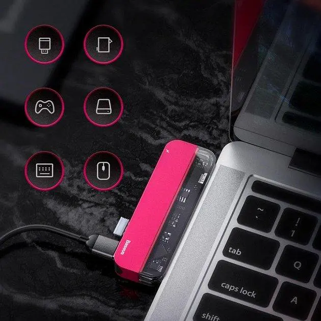 Мультипортовий адаптер USB Хаб Baseus Multi-Functional Transparent Series Type-C CAHUB-TD09 Red - фото 5
