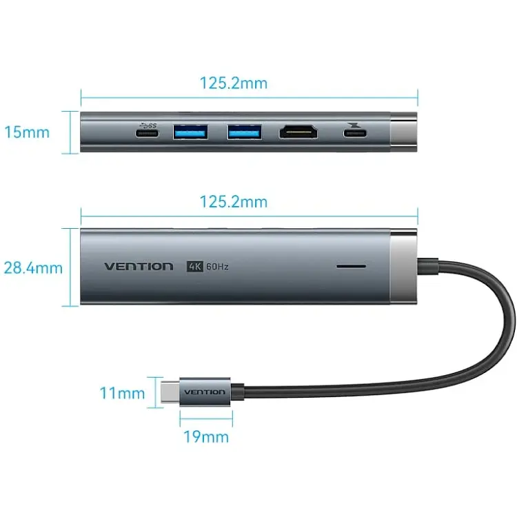Док-станція USB3.2 Type-C --> HDMI 60Hz/USB 3.0x2/RJ45/PD 100W Hub 6-in-1 Vention - фото 2