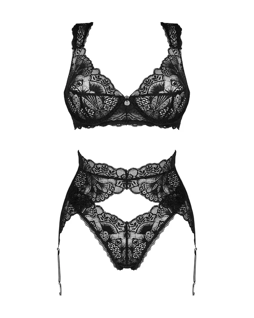 Комплект білизни Obsessive Donna Dream 3-pcs set XL/2XL Black, бюстгальтер, стрінги, пояс для панчіх - фото 3