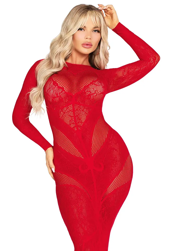 Сукня з довгим рукавом Leg Avenue Lace and Net Bodycon Gown One Size, Red - фото 5