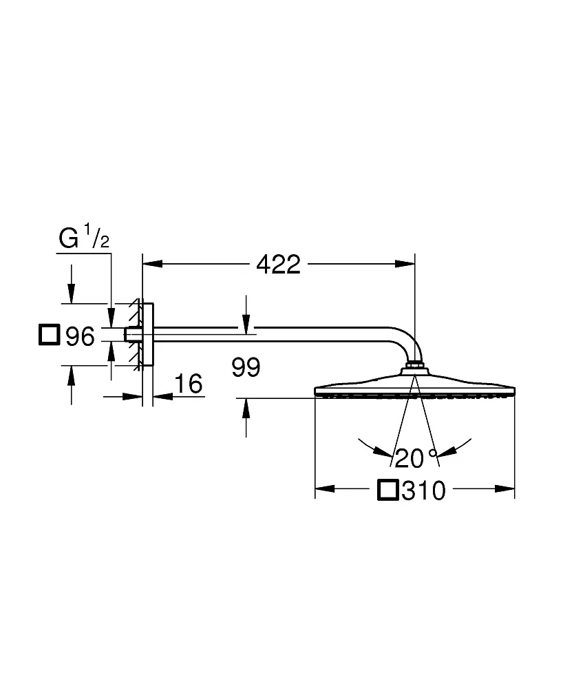 Верхній душ з душовим кронштейном 422 мм, 1 режим струменя Grohe Rainshower 310 Mono Cube 26564AL0, Графит - фото 3