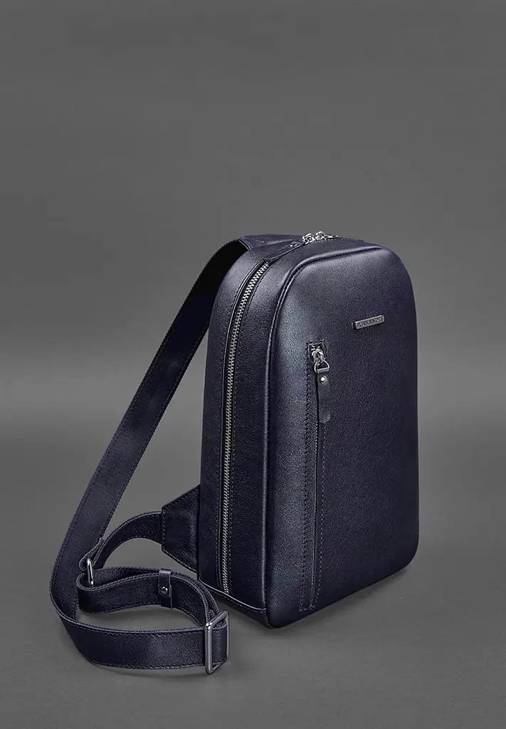Темно-синій шкіряний чоловічий рюкзак на одне плече Chest Bag - фото 3
