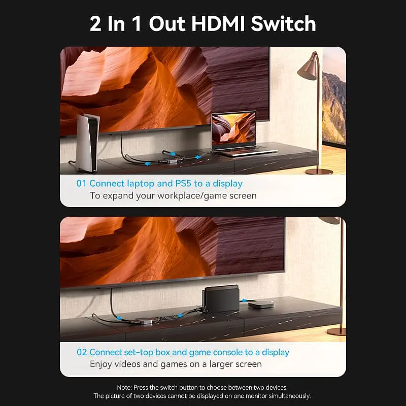 Перемикач двонаправлений Vention Switch HDMI 2.1 8K 60Hz 3D HDCP HDR Dolby 7.1 2 in 1 out - фото 9