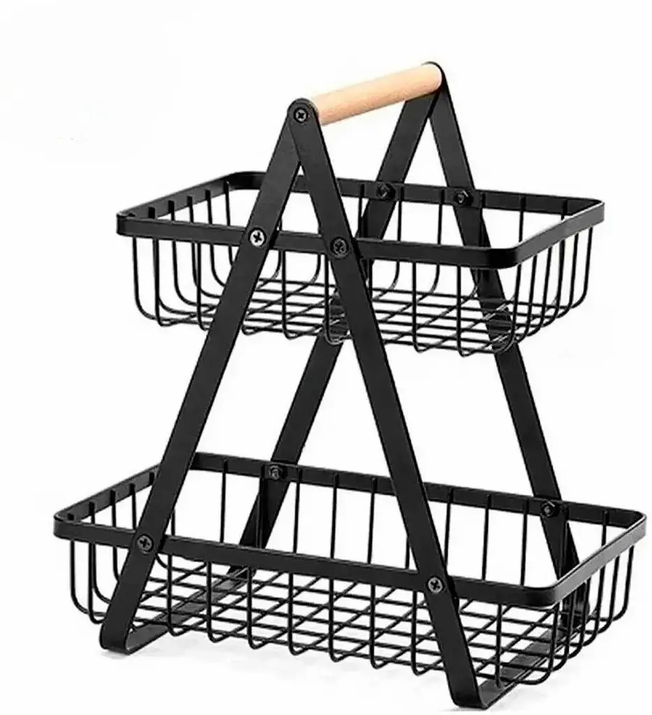 Настільний двоярусний кошик - фруктівниця з дерев'яною ручкою Double Fruit Basket · Розбірний металевий кошик для фруктів - фото 4