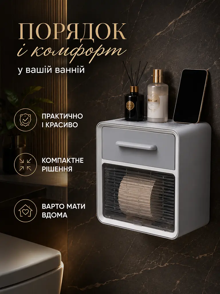 Тримач для туалетного паперу сірий 24×22×14 см із полицею та шухлядою (49676122) - фото 2