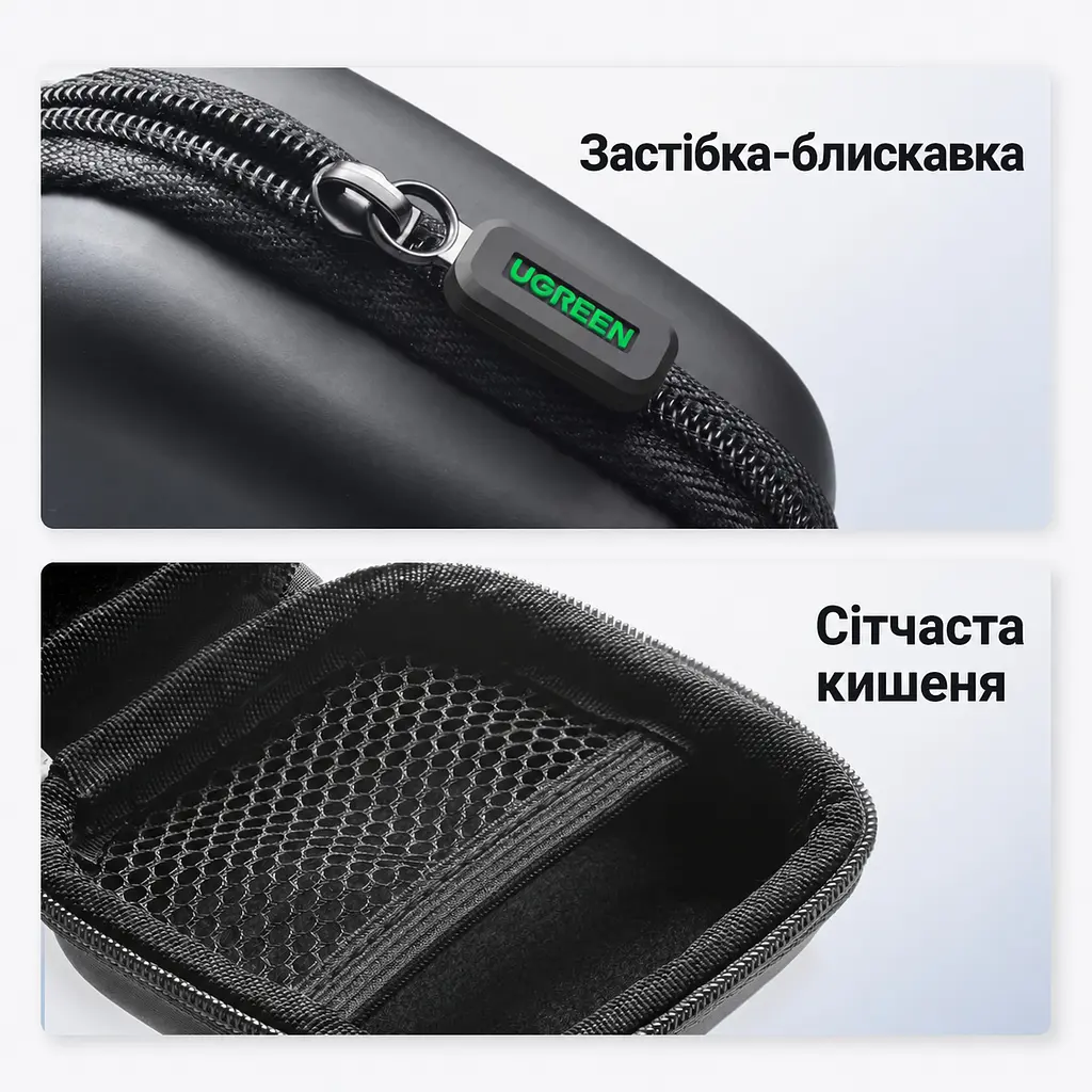 Футляр для мелких гаджетов UGREEN LP128 кейс для наушников ударопрочный и влагостойкий с карабином для крепления к сумке или рюкзаку внутренний сетчатый карман на молнии жёсткий корпус EVA с мягкой внутренней подкладкой внешний размер 80 × 80 × 40 мм чёрный (40816) - фото 3