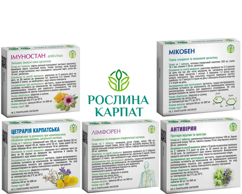 Комплексна програма при застуді, ГРЗ, ГРВІ, Антивірин, Імуностан, Цетрарія Карпатська, Мікобен, Лімфорен,"Рослина Карпат" - фото 3