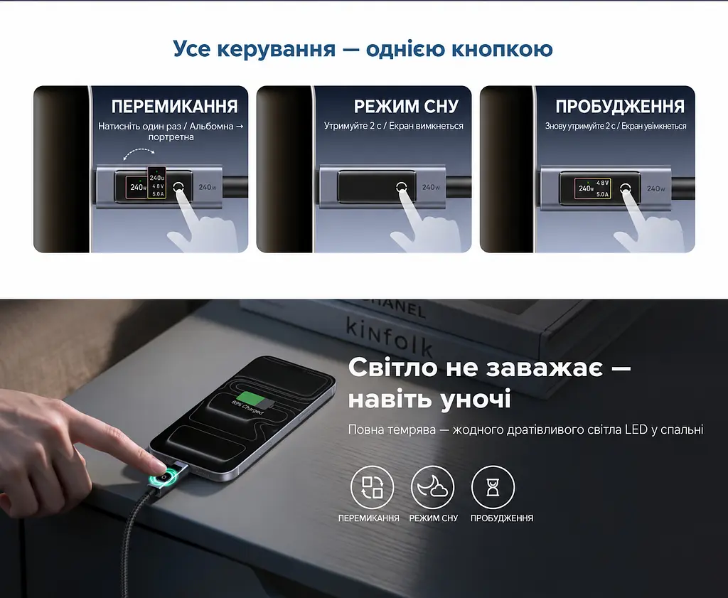 Кабель UGREEN L541 USB-C - USB-C PD 3.1 240 Вт з дисплеєм 2 м чорний (55816) - фото 7