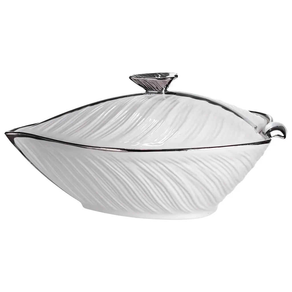 Супница 800 (мл) фарфоровая кастрюля бульонница 26×18×14 (см) с крышкой для дома и ресторана Белый с серебром Yiwu XL-4074AS - фото 2