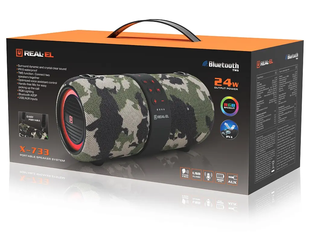 Портативная колонка REAL-EL RX733 24W Bluetooth TWS, RGB, Haki - фото 9