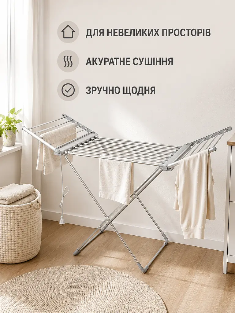 Електрична сушарка для білизни складана 18 прутів 146×55×74 см 230 W до 15 кг (49676054) - фото 8