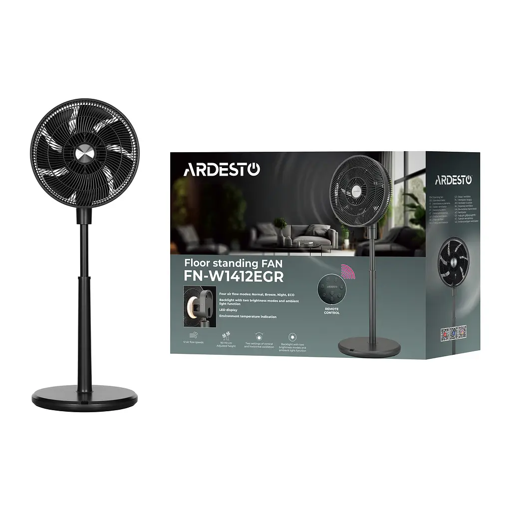 Вентилятор підлоговий ARDESTO FN-W1412EGR Grey, 40 см, 35 Вт, пульт ДК, висота 90-110 см, 3D-повернення, дисплей, ел. упр. - фото 6