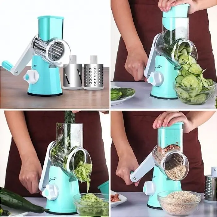 Овощерезка ручная мультислайсер Tabletop Drum Grater DL78 Терка для овощей и фруктов 3 насадки Голубая - фото 2