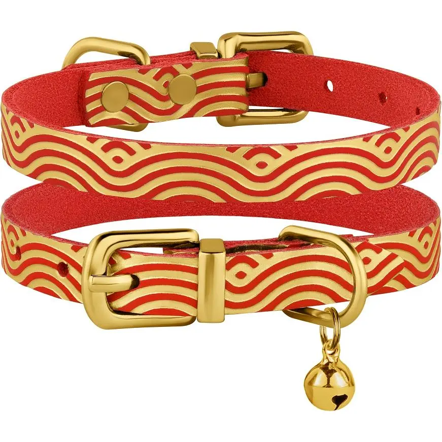 Нашийник для котів BronzeDog Barksi Classic Хвиля шкіряний одинарний з золотим тисненням 2XS 18-25х1 см червоний - фото 3