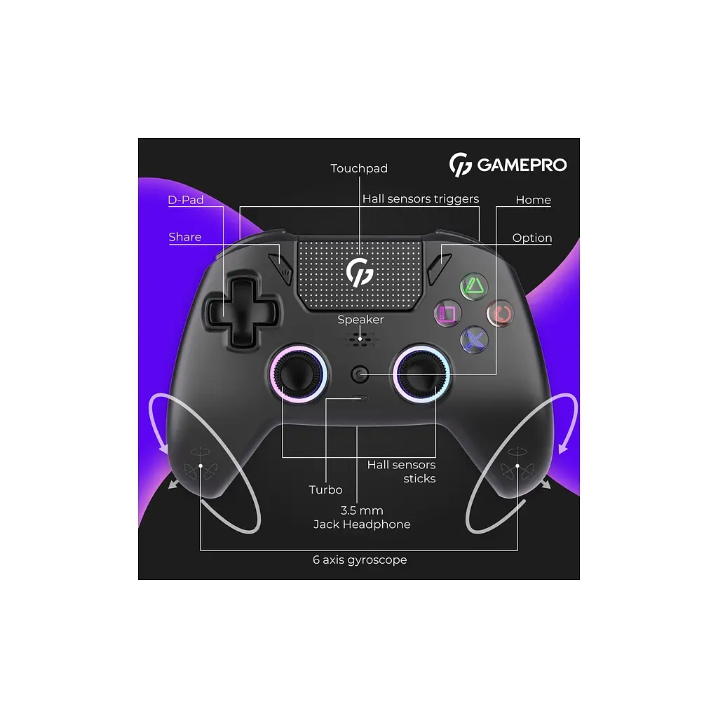Геймпад GamePro GPS13B BT 5.3/USB/PC/iOS/Android/PS3/PS4 RGB Black (GPS13B) - фото 11