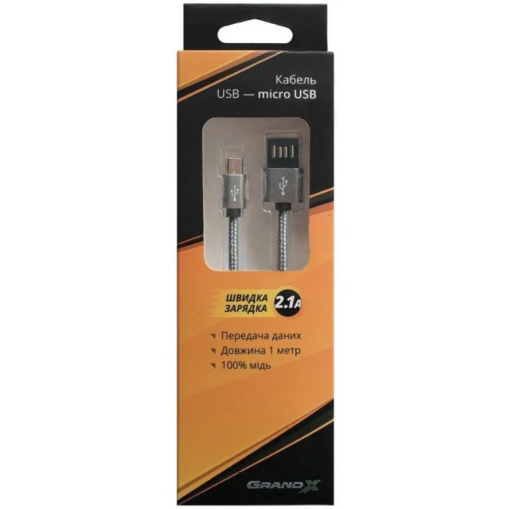 Дата кабель USB 2.0 AM to Micro 5P 1.0m Grey/Black Grand-X (FM02) - фото 4