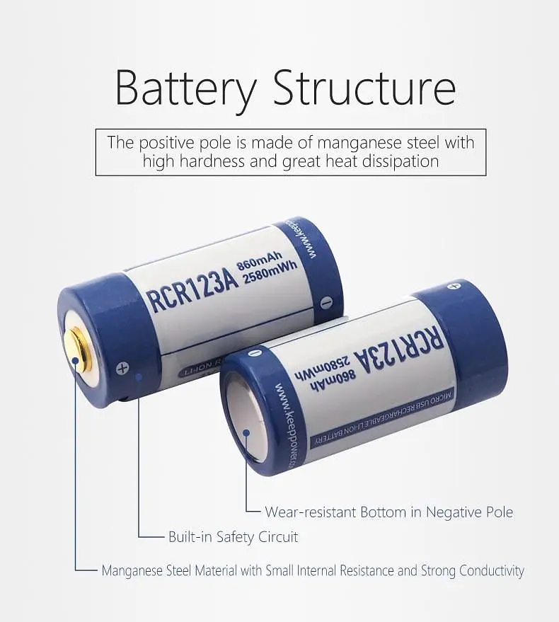 Аккумулятор Keeppower 16340 RCR123A Li-ion 3.0В 860mAh с microUSB (Синий с белым) - фото 4