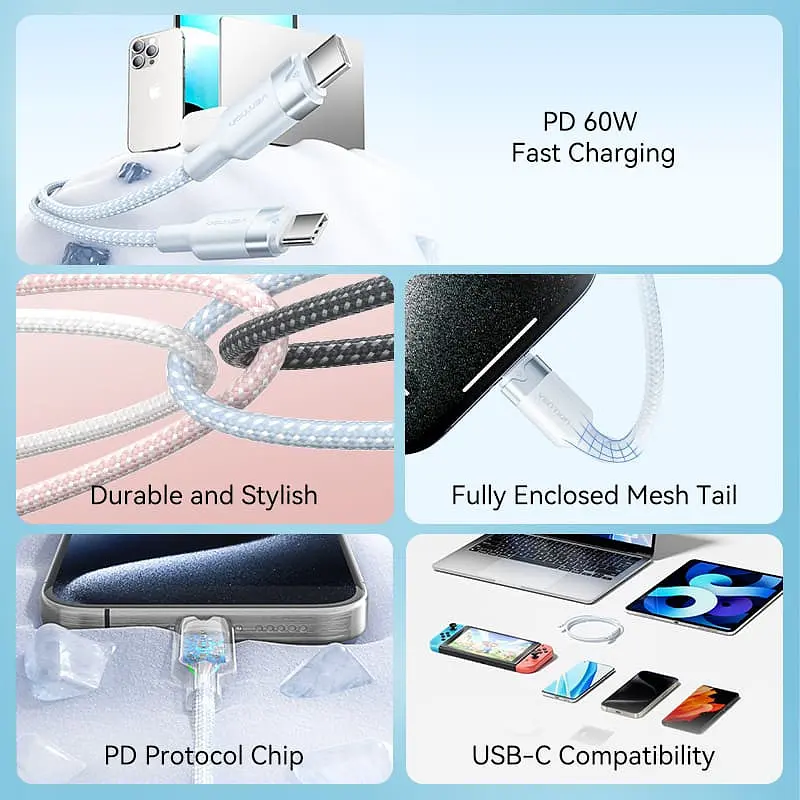 Кабель USB 2.0 Type-C M-M, 1.0м 60W aluminum alloy, білий Vention - фото 3