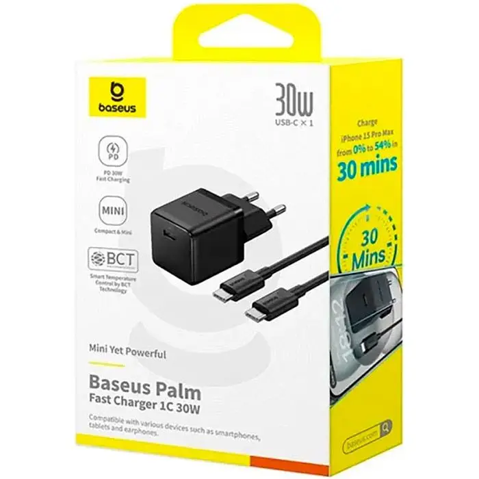 Мережевий зарядний пристрій Baseus Palm Fast Charger USB-C 30W + Cable USB-C to USB-C 60W 1m Black (P10111605113-01) [168077] - фото 6