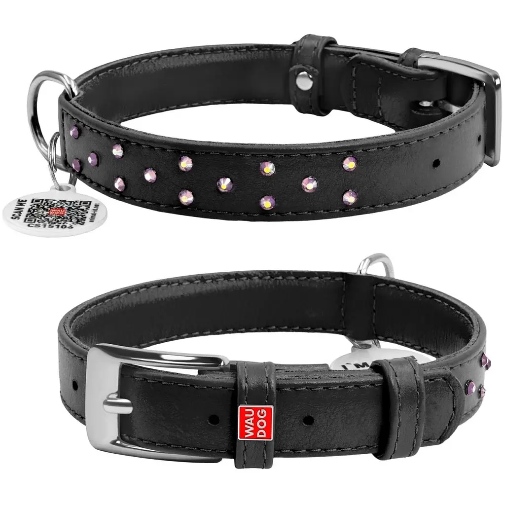 Ошейник для собак Waudog Glamour, кожаный, со стразами, с QR паспортом, L, 30-39х2 см, черный - фото 3