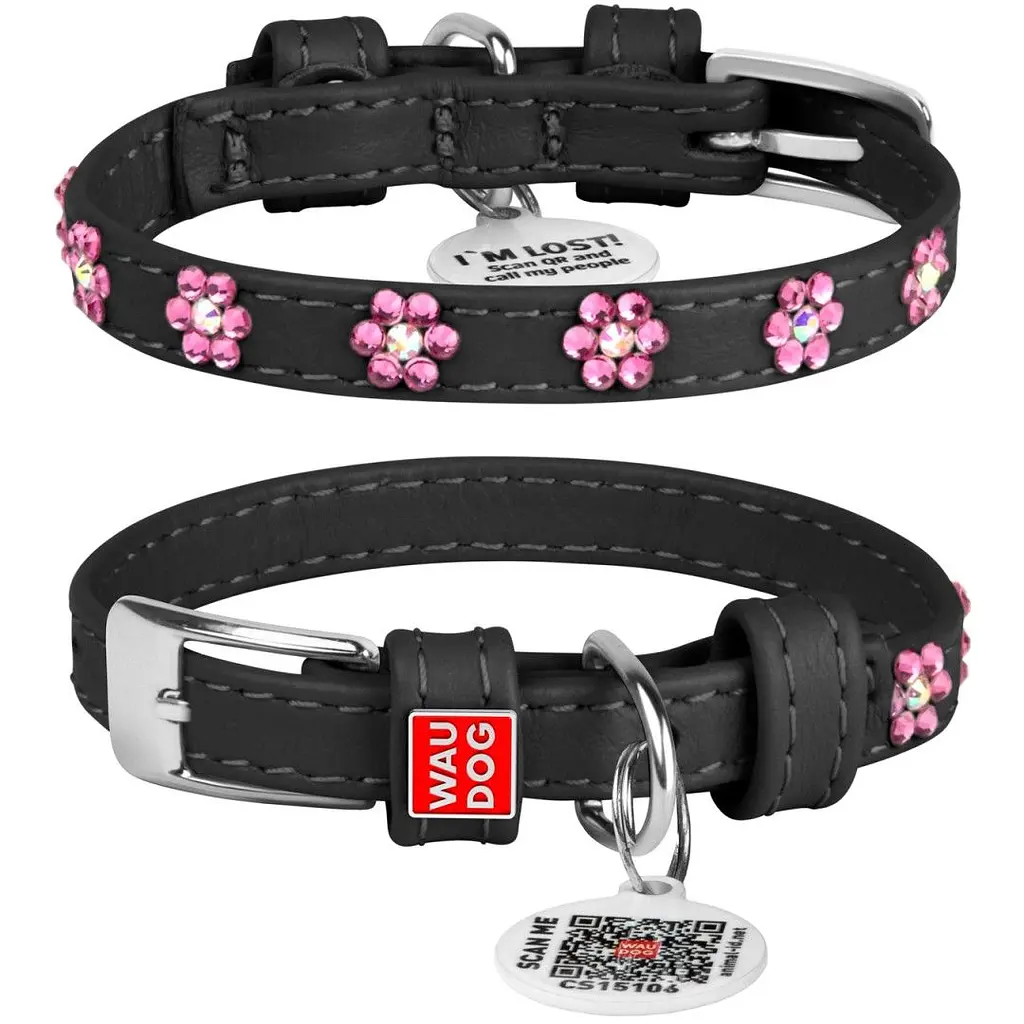 Нашийник для собак Waudog Glamour зі стразами Квіточка, шкіряний, з QR паспортом, S, 21-29х1,2 см, чорний - фото 3