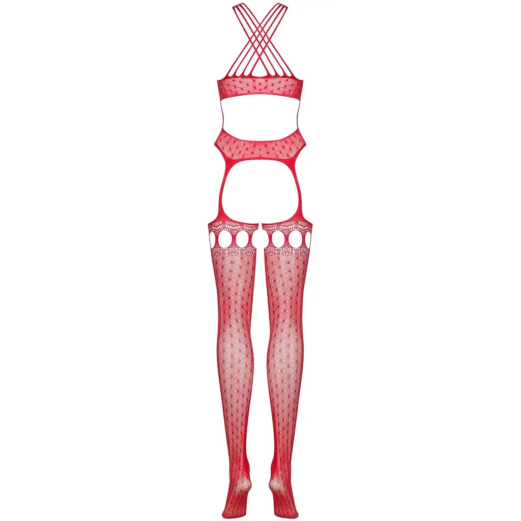 Бодістокінг Obsessive Bodystocking G313 S/M/L Red, шнурівка, геометричний декор - фото 6