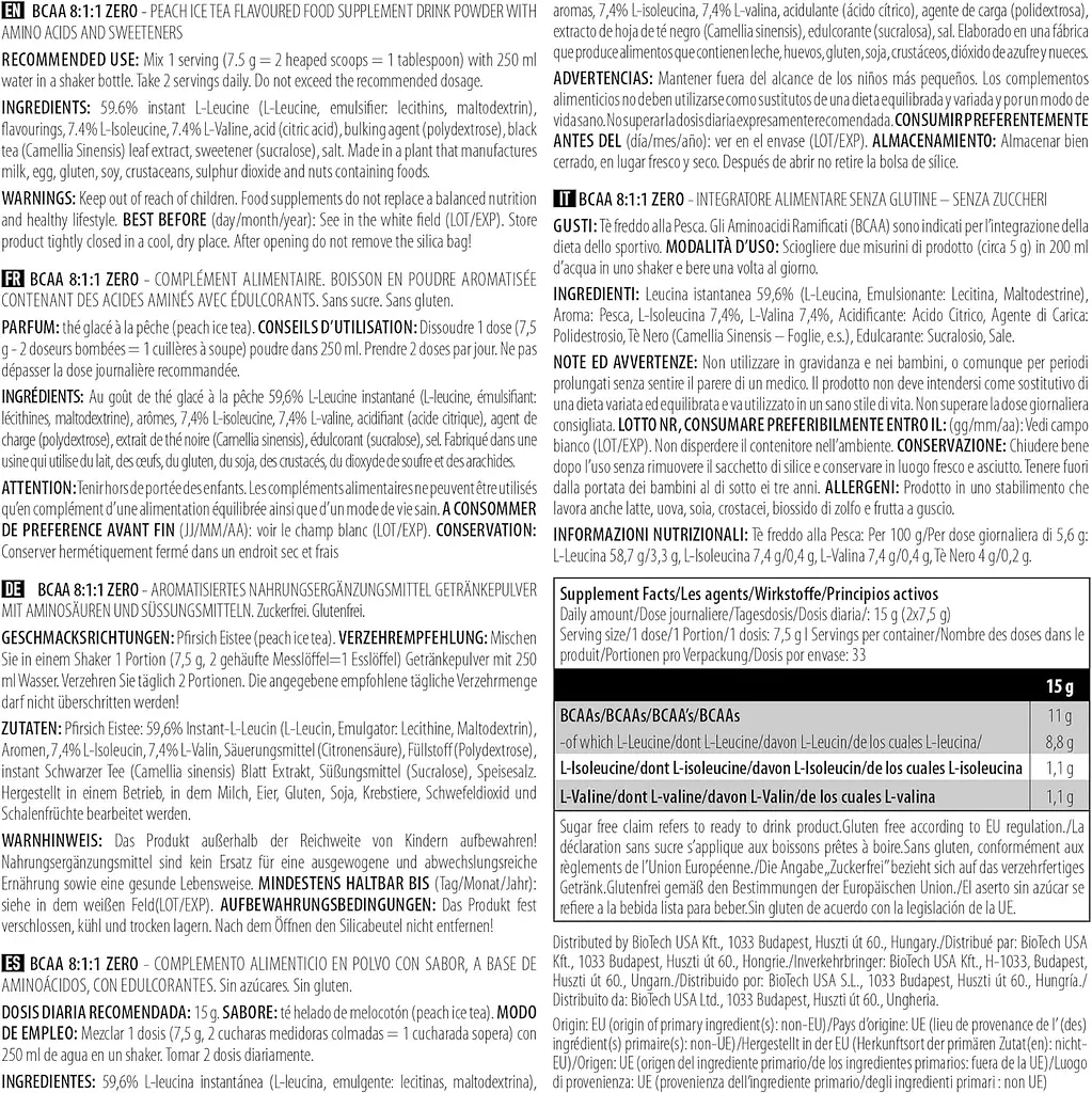Амінокислота BiotechUSA BCAA 8:1:1 Zero Персиковий чай 250 г - фото 2
