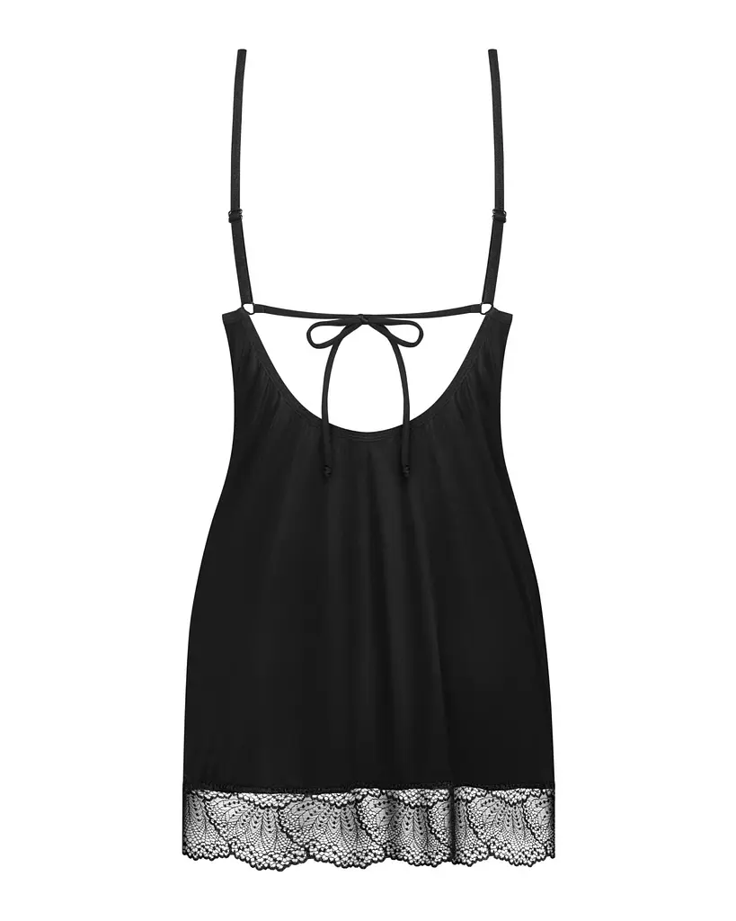 Пеньюар Obsessive Lobellis chemise & thong, M/L, чорний, мереживне оздоблення, стрінги в комплекті - фото 4