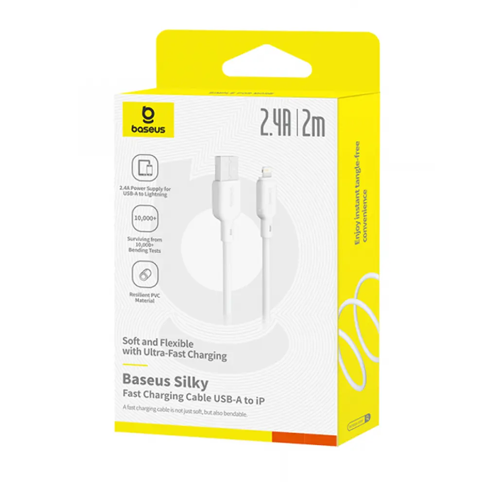 Кабель Baseus Silky Series Fast Charging Cable USB to iP 2.4A 2m White - фото 2