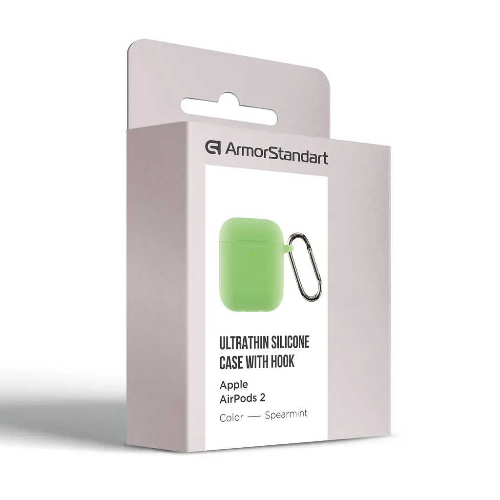 Силіконовий чохол для навушників Apple AirPods 2, Hang Case, зелений, ультратонкий захисний кейс товщиною 2 мм, захист від подряпин, пилу та ударів, компактний, з карабіном для кріплення, ArmorStandart (ARM59693) - фото 3