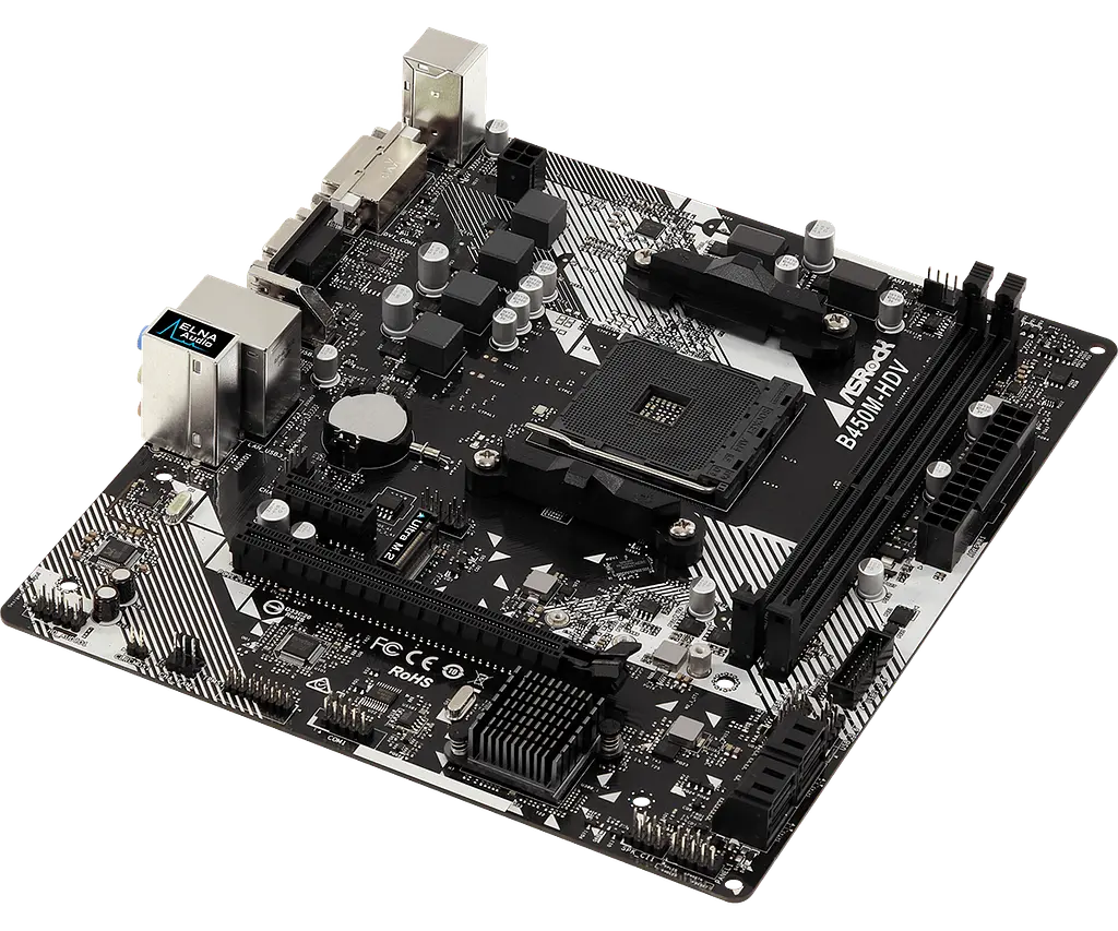 Материнська плата AsRock AM4 (B450) B450M-HDV R4.0, B450, 2xDDR4, Int.Video(CPU), 4xSATA3, 1xM.2, 1xPCI-E 16x 3.0, 1xPCI-E 1x 2.0, ALC887, RTL8111H, 6xUSB3.1/4xUSB2.0, VGA/DVI-D/HDMI, mATX - фото 3