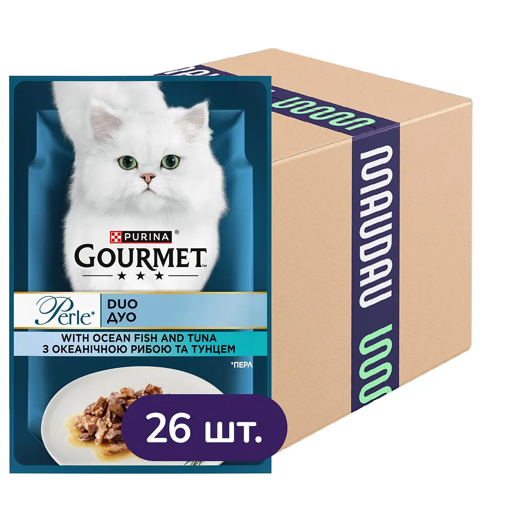 Упаковка вологого корму для котів Gourmet Perle Duo з океанічною рибою та тунцем 2.21 кг (85 г х 26 шт.) - фото 1