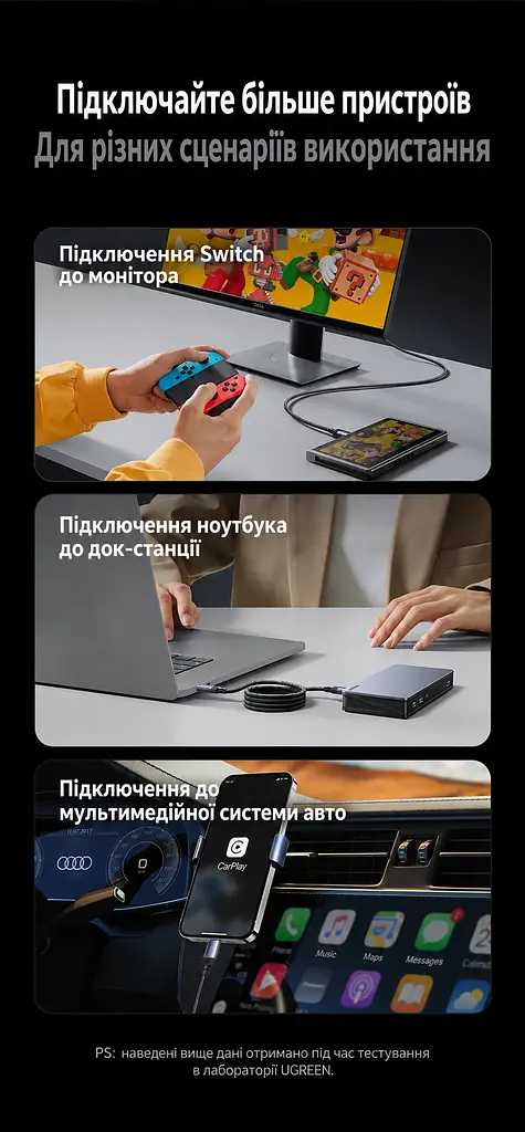 Кабель UGREEN L705 USB-C - USB-C USB4 40 Гбіт/с PD 240 Вт 1 м чорний (65175) - фото 12
