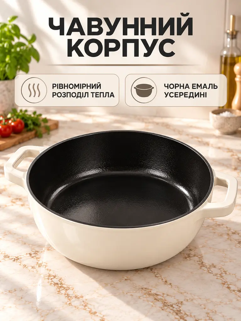 Каструля чавунна емальована 2,6 л 26 см з кришкою для тушкування біла (37261122) - фото 4