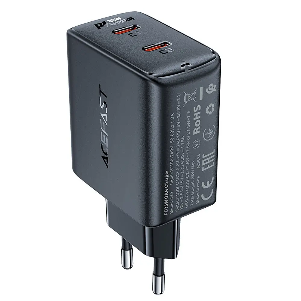 Зарядний пристрій Acefast A49 2 Type-C PD35W GaN чорний - фото 3