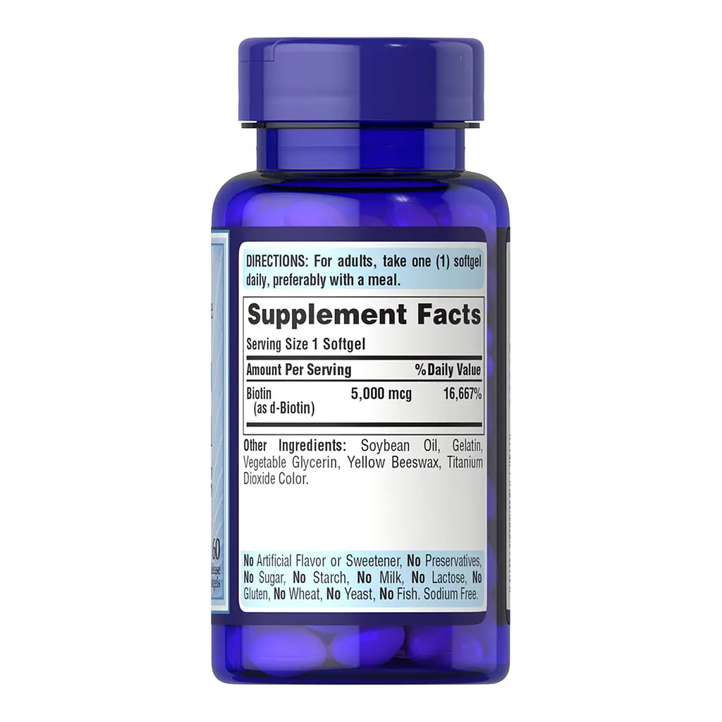 Біотин Puritans Pride 5000 мкг (Biotin) - 60 софтгелів, для волосся, шкіри та нігтів - фото 2