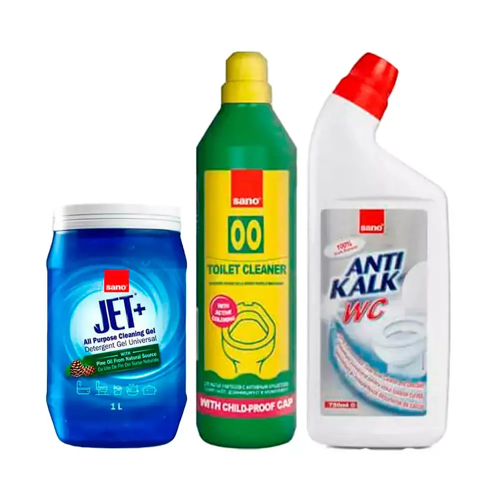 Набір Sano Засіб для чищення унітазів Anti Kalk WC, Засіб для миття туалету 00, Універсальний гель Jet+ Gel з олією сосни (287621, 412481, 993277)