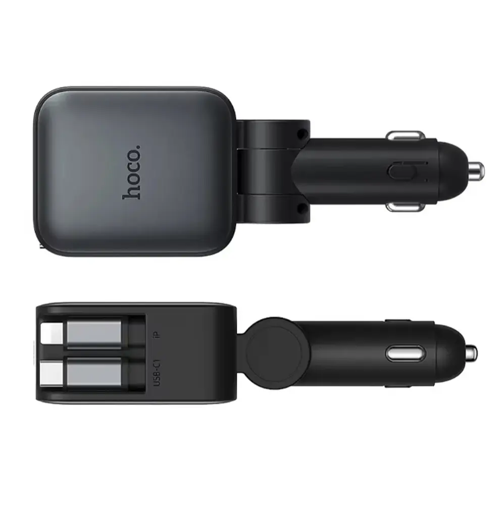 АЗП Hoco Z67A Triunfar PD60W(1C1A)+Type-C/iP car charger with dual telescopic cable and digital display dark Black - фото 4