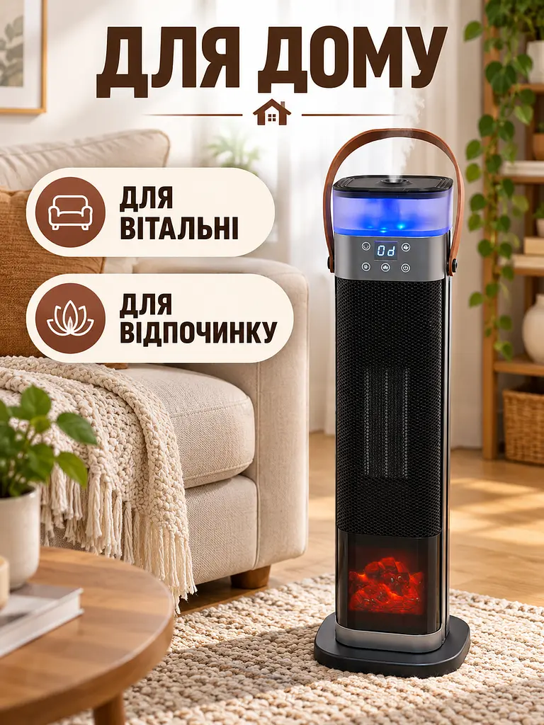 Тепловентилятор зі зволожувачем 1500 Вт 56,5×16×16 см з пультом, таймером та ефектом каміна, чорний (49676389) - фото 7