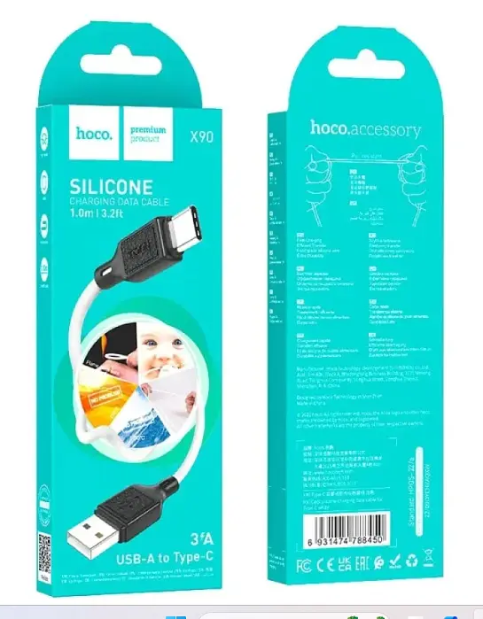 Кабель HOCO X90 Cool silicone charging data cable for Type-C 3A 1m Білий