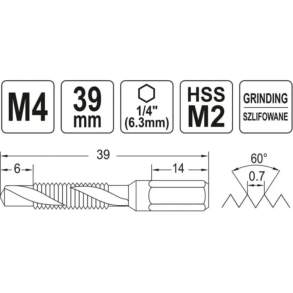 Сверло-метчик Yato М4х0.7 мм HSS М2 HEX-1/4 l=39/6 мм (YT-44841) - фото 3