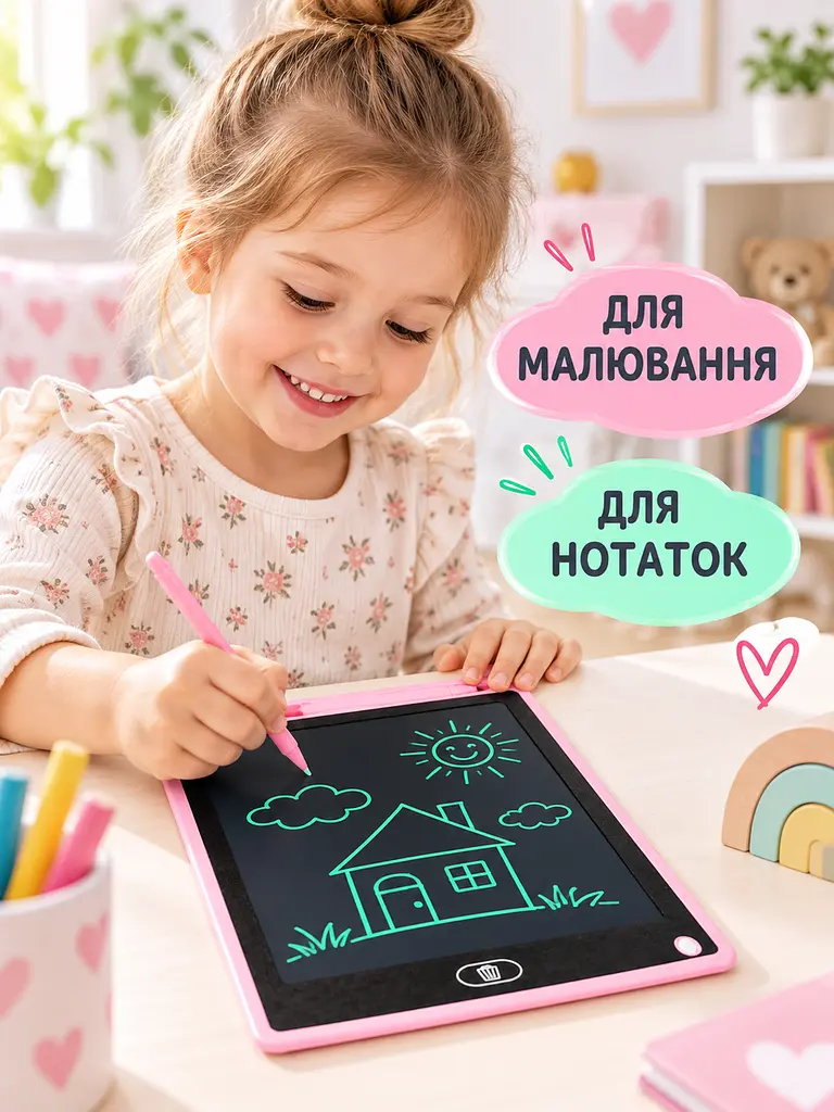 Дитячий графічний LCD планшет дошка для малювання та записів 10" + стилус, рожевий (50300102233) - фото 7