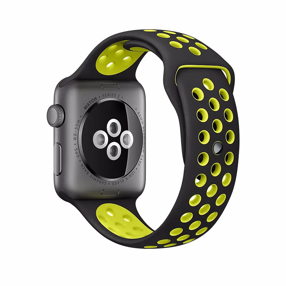 Спортивный ремешок с перфорацией Primo для часов Apple Watch 42 мм, 44 мм, 45 мм размер S- Black Yellow - фото 2